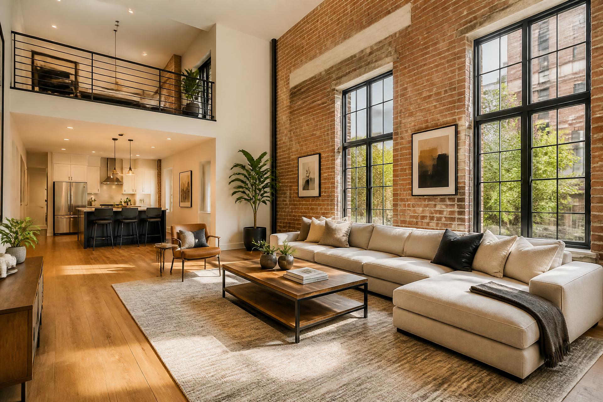 Bright modern loft living room with exposed brick and large windows